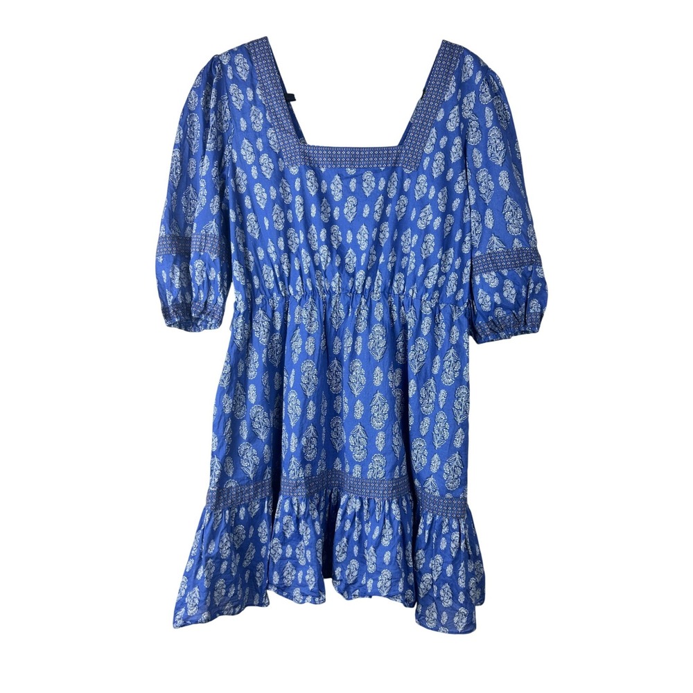 A Loves‎ A Blue Floral Block Print Cotton Mini Dress Square Neck Boho Large
